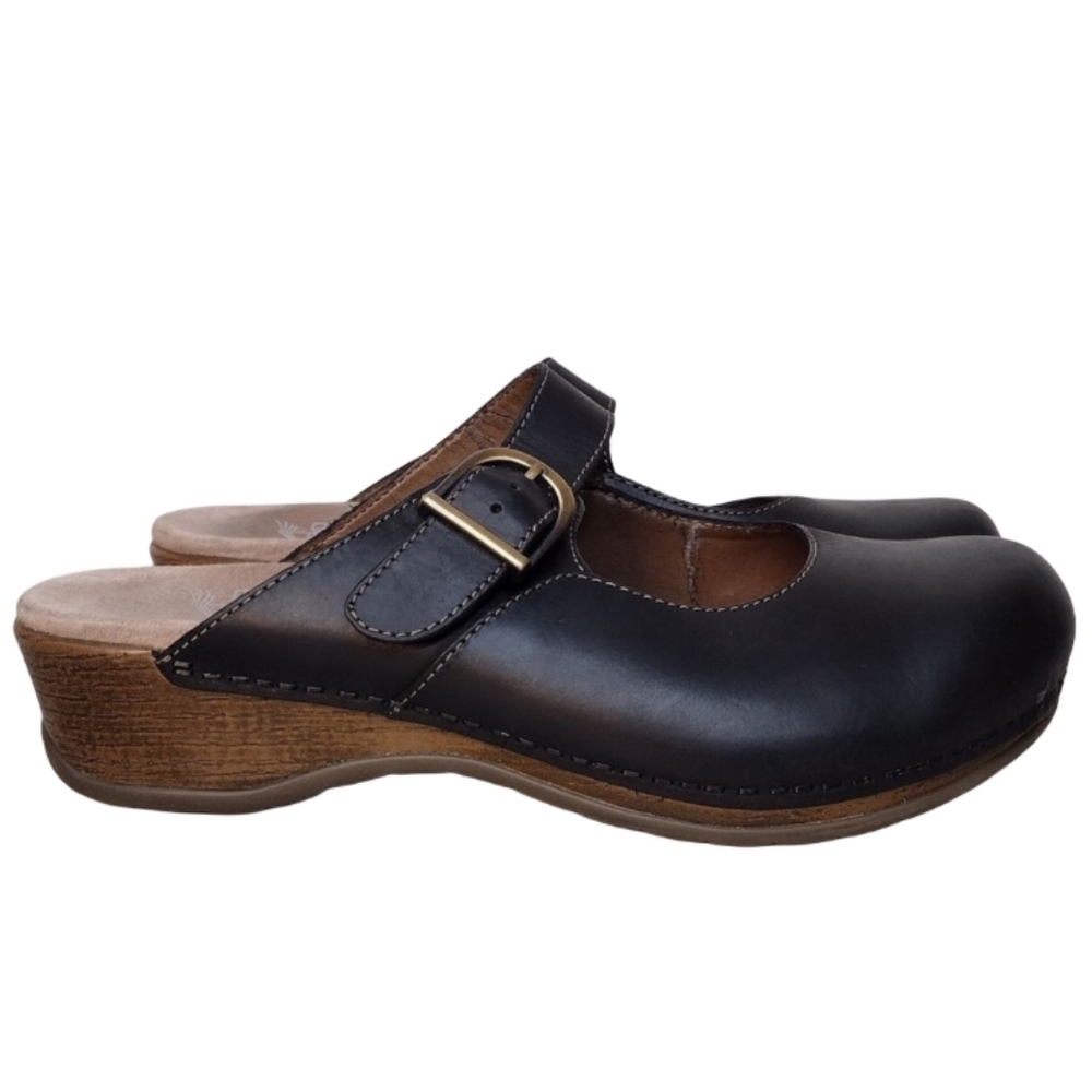 Dansko Black Leather Clog Mules with Buckle
